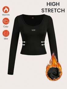 Muchica Áo thun dài tay dày lót nhiệt cổ tròn bó sát cơ bản màu đen giản dị dành cho nữ, thích hợp cho mùa thu/đông - màu đen - Xem 1