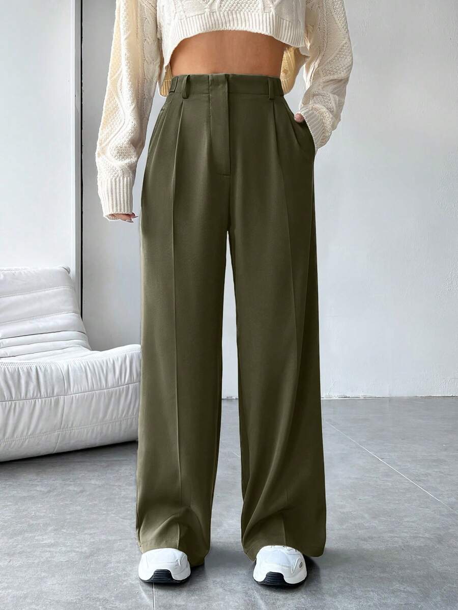 SHEIN EZwear 纯色高腰阔腿黑色西装裤 - 軍綠色 - 查看 1