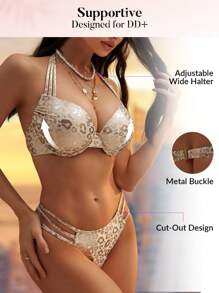 Swim DD+ Conjunto de bikini sexy de mujer con estampado de leopardo, sujetador con lazos en el cuello, para verano