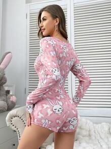 Cute Leopard & Rabbit Print Y2K Style Jumpsuit For Women - Pink - View 2