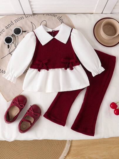 SHEIN Playful Pals 2 件套女婴撞色蝴蝶结细节长袖上衣和纯色喇叭裤套装