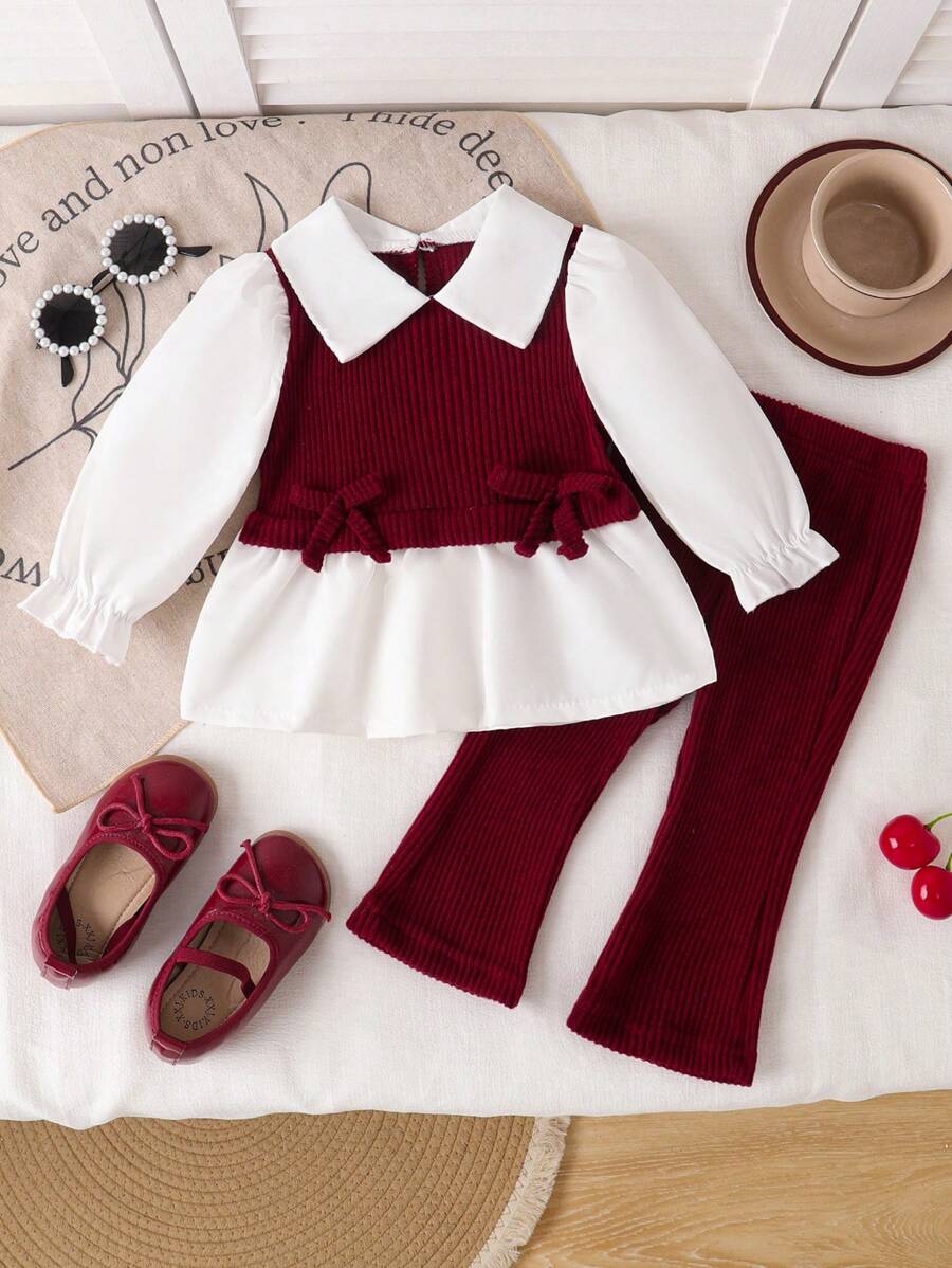 SHEIN Playful Pals 2 件套女婴撞色蝴蝶结细节长袖上衣和纯色喇叭裤套装