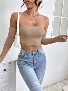 SHEIN PETITE Top corto a spalle scoperte tinta unita, per donne di piccola statura - Moka Marrone - Visualizzare 6