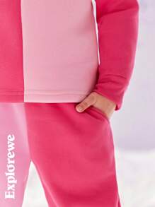 SHEIN 2pcs Young Girl Crew Neck Patchwork Contrast Color Sweatshirt And Pants Set - Hot Pink - View 6