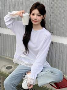 DAZY Women's Contrast Lace Long Sleeve Sport Tee For Valentine's Day, Spring/Summer,Ruffle Fall,Winter - White - View 5