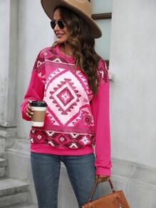 EMERY ROSE Sudadera informal de mujer con cuello redondo, manga caída y patrón geométrico, para otoño