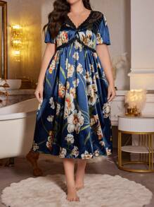 Plus Size Maxi Lace Patchwork Faux Silk Floral Print Dress - Multicolor - View 6