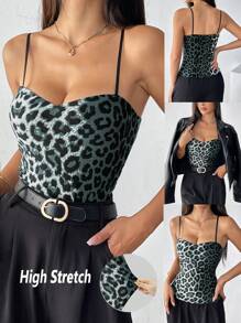 Chiquease 豹纹性感约会派对情人节夜店酒吧细肩带抹胸下装双层内衬加厚秋冬季常规吊带背心内衣背心图案猎豹印花T恤女上衣