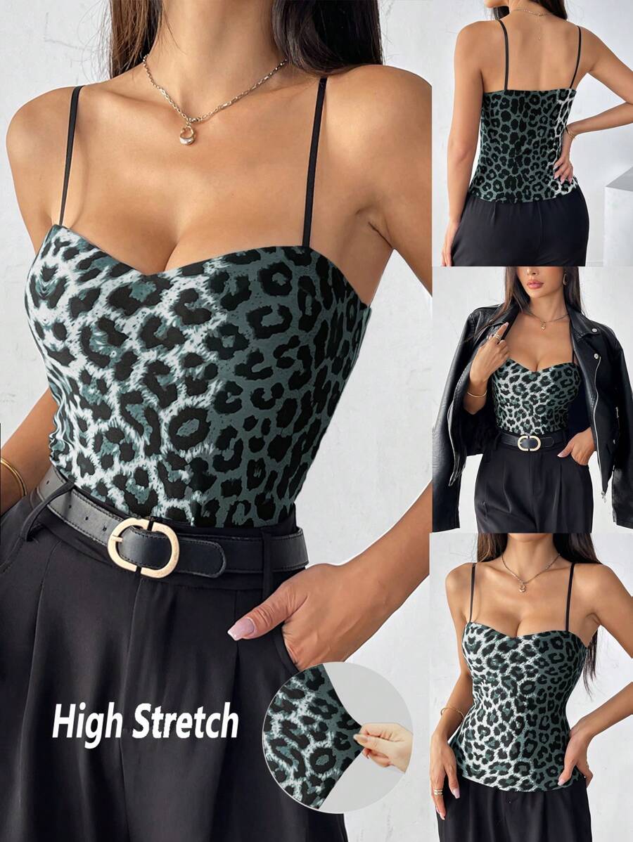 Chiquease 豹纹性感约会派对情人节夜店酒吧细肩带抹胸下装双层内衬加厚秋冬季常规吊带背心内衣背心图案猎豹印花T恤女上衣