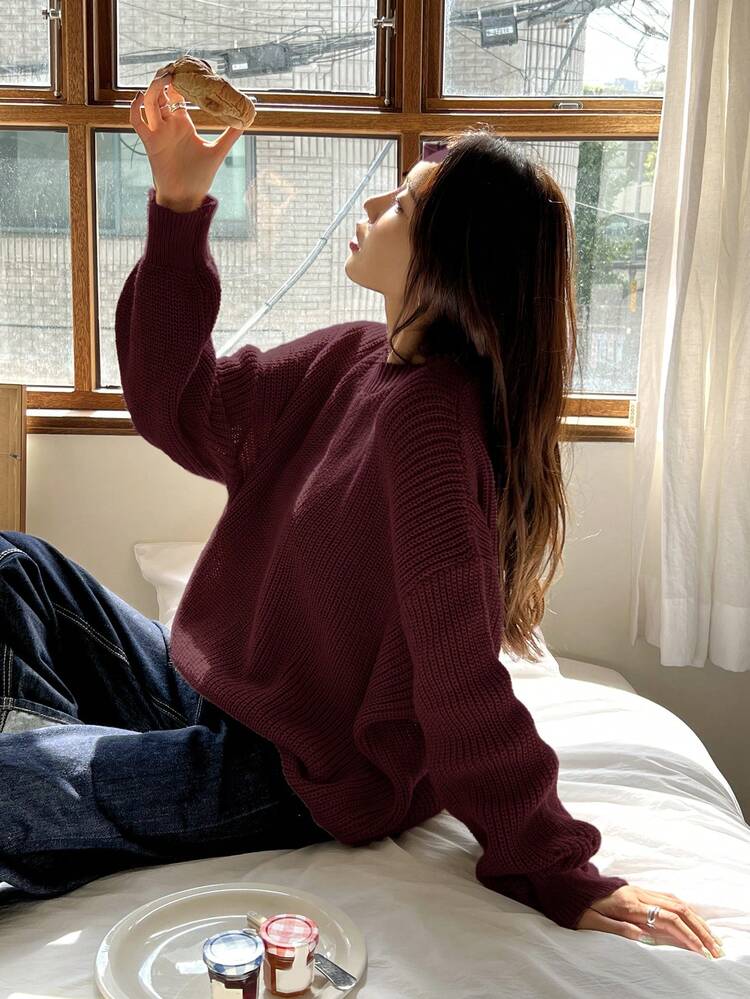 Women's Casual Solid Color Loose Fit Round Neck Sweater, Autumn/Winter,Fall Women Clothes