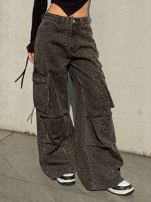 DAZY 女式豹纹大口袋工装牛仔裤，宽松牛仔裤 - 棕色 - 查看 2