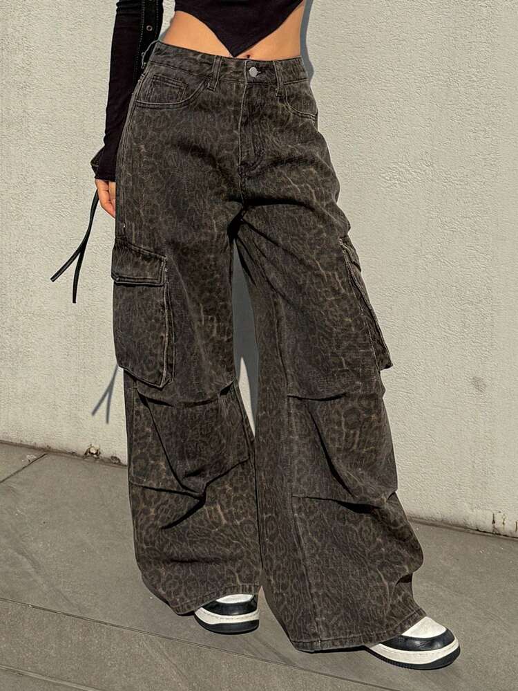 Women's Leopard Print Cargo Jeans With Large Pockets,Baggy Jeans