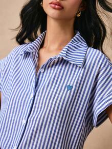 Poéselle Striped Heart Embroidery Button Front Shirt Spring Shirts Button Down Shirt Embroidered Top Casual Blue And White Striped Cotton Linen Cardigan Shirt Is Comfortable And Breathable For Summer Leisure Holiday Daily Wear - Blue - View 2