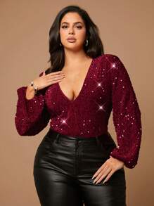 SHEIN BAE Tutina elegante da donna taglia forte con maniche a sbuffo, scollo a V profondo, e paillettes rosse, adatta per l'autunno e l'inverno, incluso Ognissanti - Bordò - Visualizzare 6