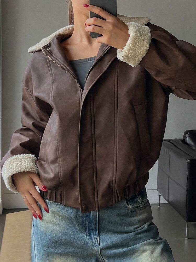 Women's Stand Collar Zipper Up Long Sleeve Casual Daily Fashion Outwear ,Winter Women Clothes,Winter Coat Women Women Jacket,Fall Women Clothes Leather Jacket
