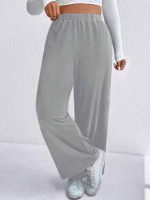 SHEIN LUNE 大码纯色拼布简约保暖内衬休闲裤，日常穿着 - 淺灰色 - 查看 3