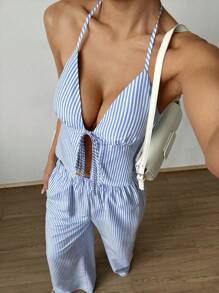 SHEIN Tall Striped Cami With Front Tie & Loose Straight Leg Pants 2 Pieces Set For Women