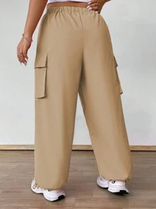 Flirla Plus Size Elastic Waist With Drawstring Utility Pocket Trim Drawstring Ankle Pants Fall Cloth For Women - Khaki - View 2