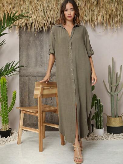 فستان قميص بأكمام وبشريط مطوي