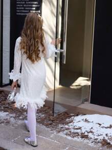 SHEIN Tween Girls Christmas Elegant And Feather Sequin Long Sleeve Dress, Perfect For Parties And Suitable For Fall, Spring, And Winter,White Dress,Party Dress