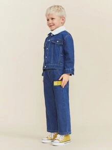 SHEIN 小男孩蓬松领单排扣长袖牛仔夹克，秋冬 - 藍色 - 查看 5