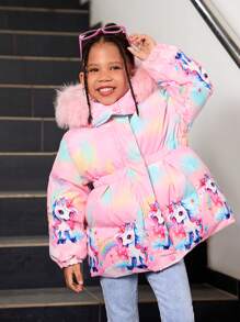 Young Girls' Cute Princess Style Cartoon Princess Print Icy Princess Pink Fluffy Collar Thickened Super Warm Padded Hooded Long Coat, Suitable For Outings And Skiing