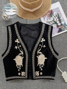 Breezaya Chaqueta sin mangas estilo vintage bordada para mujer