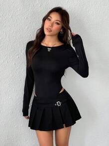 SHEIN EZwear Bodysuit Ketat Kasual Lengan Panjang Leher Bulat Warna Polos untuk Wanita - Hitam - View 4