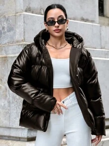 SHEIN Tall Tall Hooded Pu Leather Down Jacket With Zipper, Slanted Pockets And Drawstrings - Brown - View 1