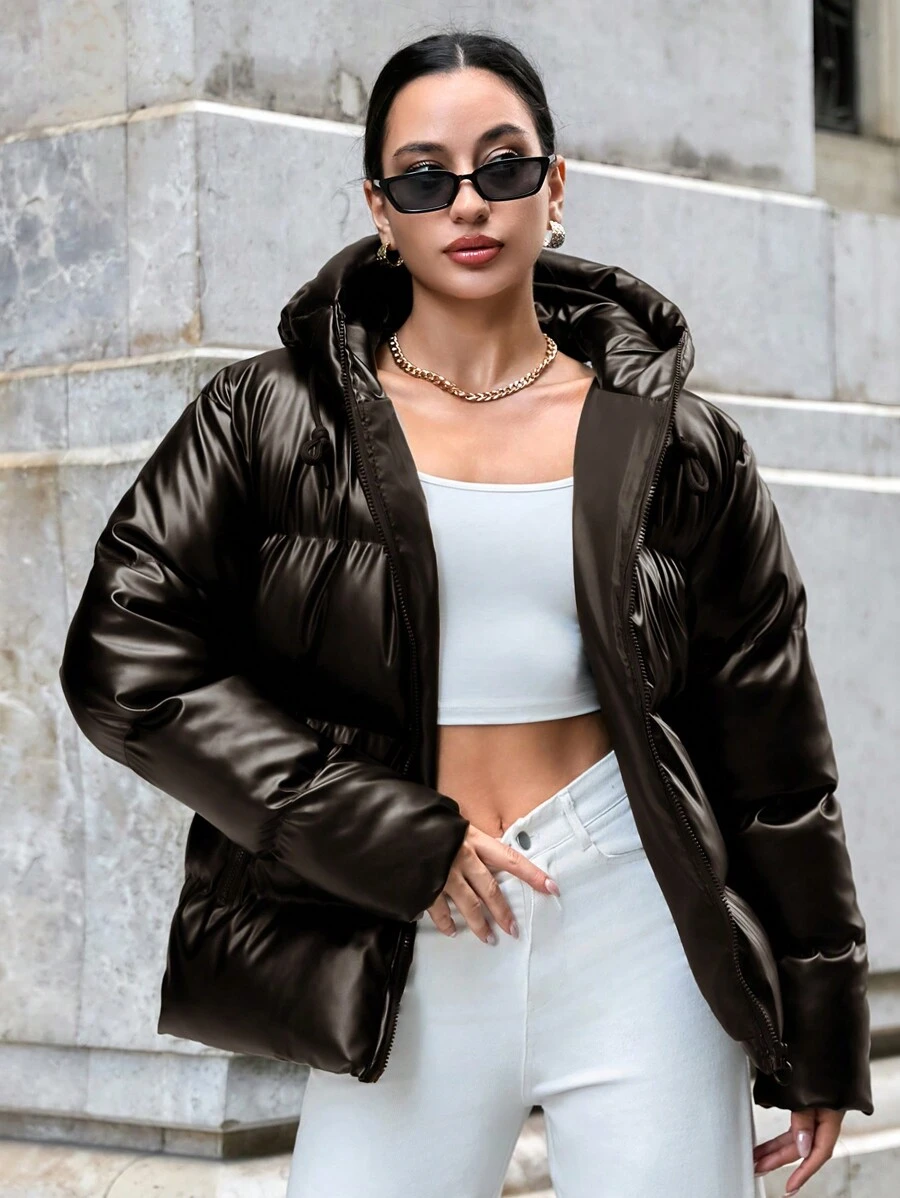 SHEIN Tall Tall Hooded Pu Leather Down Jacket With Zipper, Slanted Pockets And Drawstrings - Brown - View 1