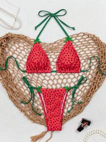 Swim Mod Women Watermelon Printed Bowknot Spaghetti Strap Bikini Set For Summer Beach - Multicolor - View 1