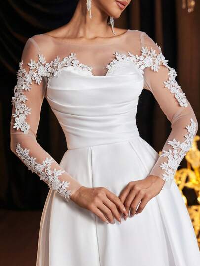 Glamrae Elegant Luxurious Lace Embroidered Satin Patchwork Sheer Long Sleeve Ruched Dress, Suitable For Wedding, Party, Single Party, Holiday, Ball, Bride Gift, Bridal Shower Dress