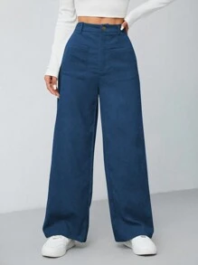 SHEIN PETITE 女士秋冬薄荷绿双口袋直筒裤