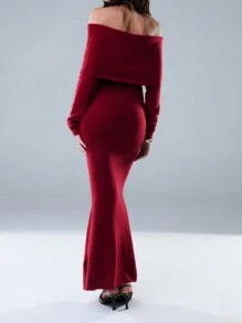 SHEIN Unity Winter Off Shoulder Tie Waist Knitted Long Sleeve Dress Winter New Years Dress Women Fall Cloth For Women - Burgundy - View 2