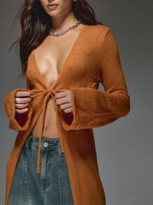 MISSGUIDED 波西米亚长款开衫秋季针织长袖喇叭袖秋冬前系带分层波西米亚节日毛衣