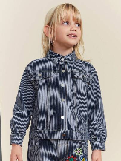 Maija Kids Maija Kids 年轻女孩条纹长袖单排扣休闲牛仔夹克，秋季