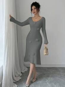 Calvaya Vestido suéter de manga larga con escote en V de unicolor, ajustado, hecho a mano a crochet