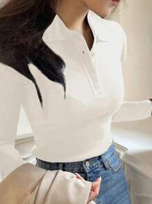 DAZY Pull col polo à demi-zip, manches courtes pour femmes, automne - Blanc - Voir 4