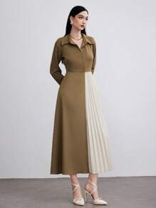 Seusyu Elegancka długa sukienka damska, kołnierzyk stójka, długi rękaw, blok kolorów, plisowany dół, odpowiednia na jesień