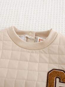 Cozy Pixies 2pcs Baby Boy Letter Print Knit Soft Round Neck Drop Shoulder Sweatshirt & Elastic Cuff Pants Set - Khaki - View 4