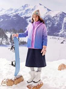 SHEIN Teen Girls' Front Zip Long Sleeve Pocket Ombre Minimalist Casual Hoodie