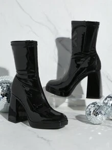 SHUZIA 女士弹力漆皮中筒以上黑色靴子新年假期 - 黑色 - 查看 3