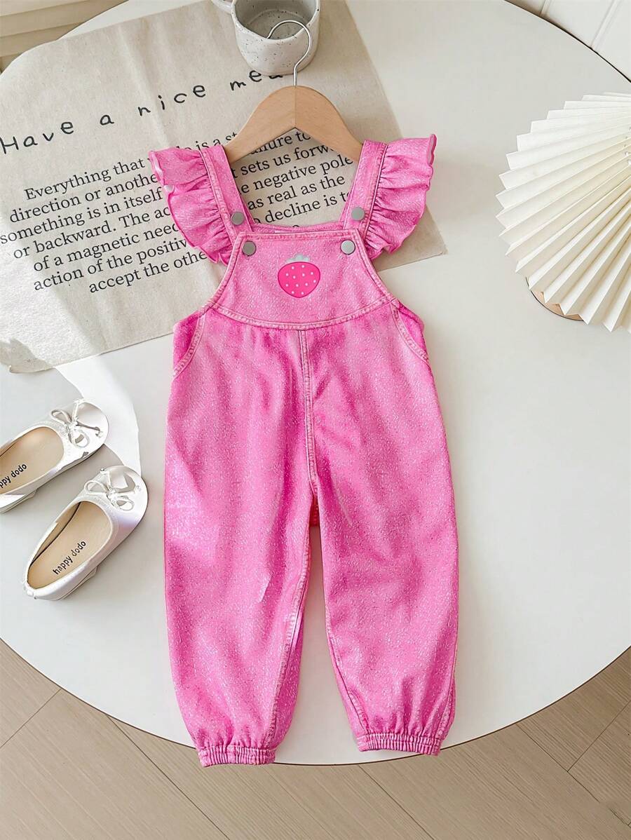 SHEIN Bộ đồ liền thân viền bèo nhún màu hồng họa tiết dâu tây dễ thương cho bé gái sơ sinh, mùa thu/đông - Hồng - Xem 1