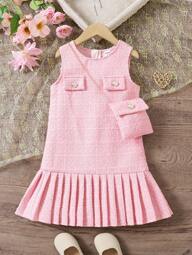 SHEIN Elladie kids فستان ملائم للفتاة الشابة بياقة مستديرة وبدون أكمام ذو هيم مطوي جميل باللون الواحد