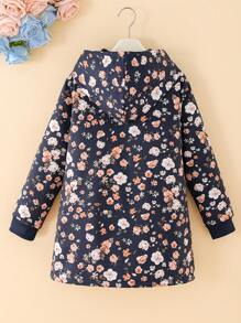 Tween Girl Thicken Fluffy Vintage Ditsy Floral Hooded Mid-Length Jacket, Autumn/Winter