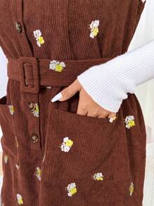 SHEIN Frenchy Autumn/Winter Corduroy Embroidered Pinafore Dress Plus Size, Detachable & Adjustable Waistband, Collegiate Style - Coffee Brown - View 6
