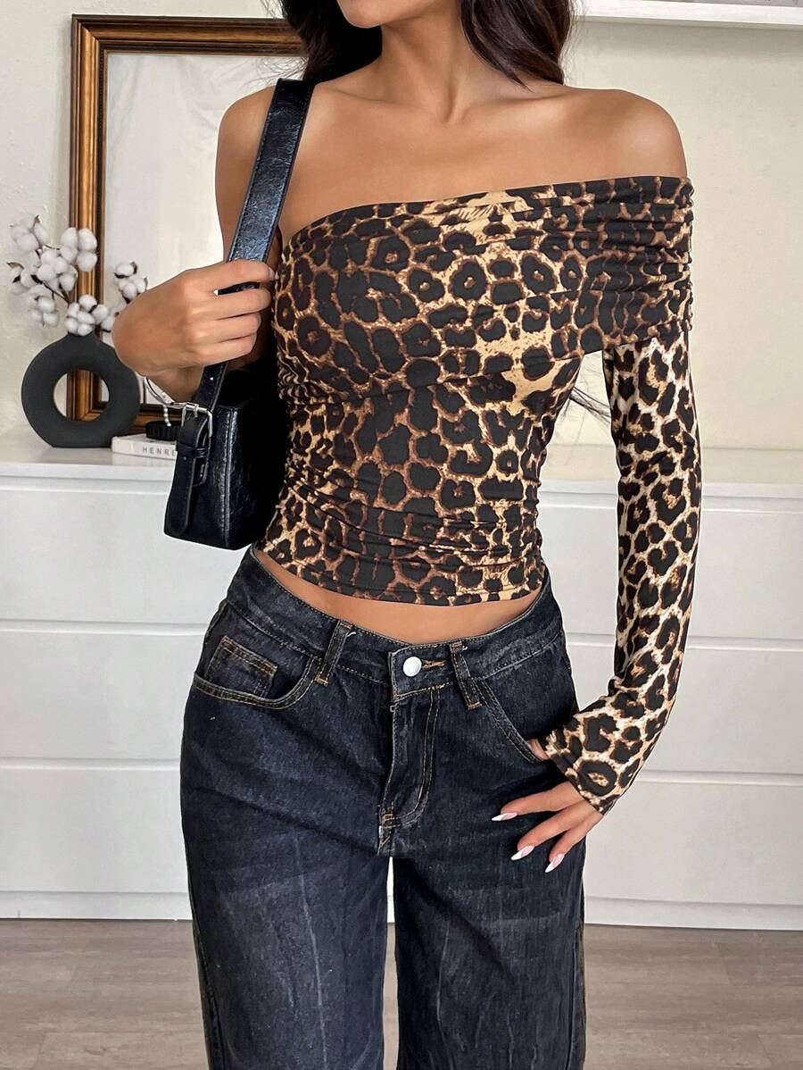 SHEIN EZwear Women's Leopard Print One Shoulder Long Sleeve Casual T-Shirt, Daily Wear - Brown - View 1