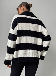 SHEIN Privé Women Front Zipper Long Sleeve Striped Casual Blouse, Everyday Wear