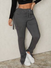 SHEIN SXY Women's Casual Cargo Jeans With Pockets, Ankle Slits, Elastic Waistband, Slim Fit, All Season - Grey - View 4