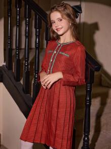 SHEIN Vestido elegante de manga larga con pliegues para niñas preadolescentes, ideal para usar al aire libre y para ir y venir en otoño, primavera e invierno, Vestido rojo